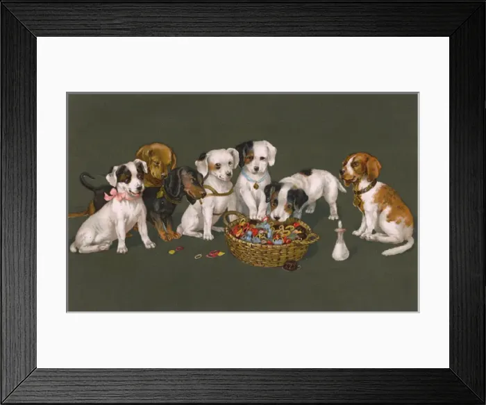 Framed Print : A variety of Puppies eyeing up a basket of threads Framed Print : A variety of Puppies eyeing up a basket of threads