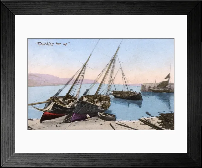 Framed Print : Cornish coastal scene - Re-painting fishing boats Framed Print : Cornish coastal scene - Re-painting fishing boats