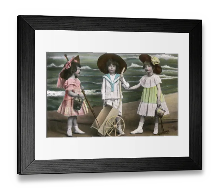 Framed Print : Three young children at the seaside - kitsch postcard Framed Print : Three young children at the seaside - kitsch postcard