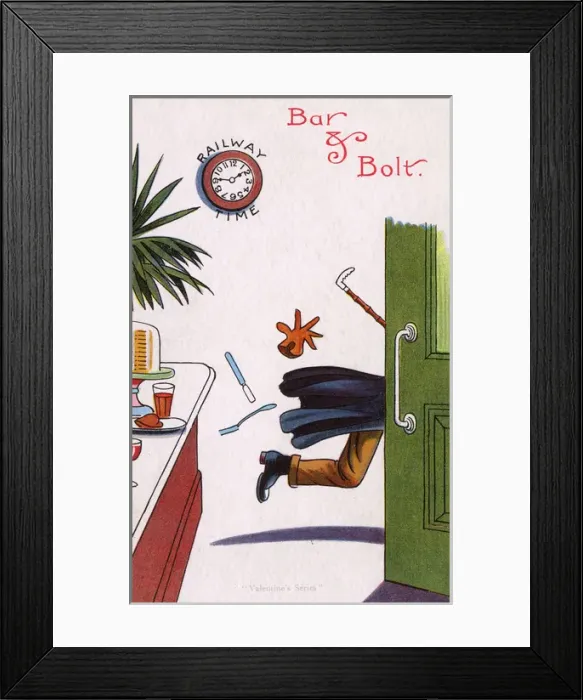 Framed Print : Comic Postcard - a play on the phrase Bar & Bolt Framed Print : Comic Postcard - a play on the phrase Bar & Bolt