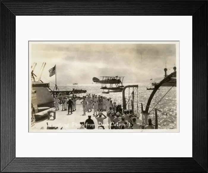 Framed Print : WW2 Launching seaplane from deck catapult of a US Battleship Framed Print : WW2 Launching seaplane from deck catapult of a US Battleship