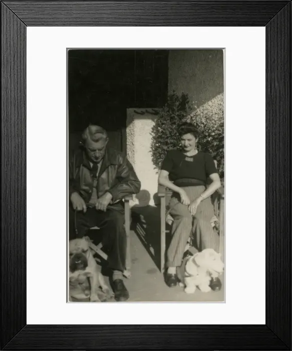Framed Print : Couple in garden chairs with two dogs Framed Print : Couple in garden chairs with two dogs