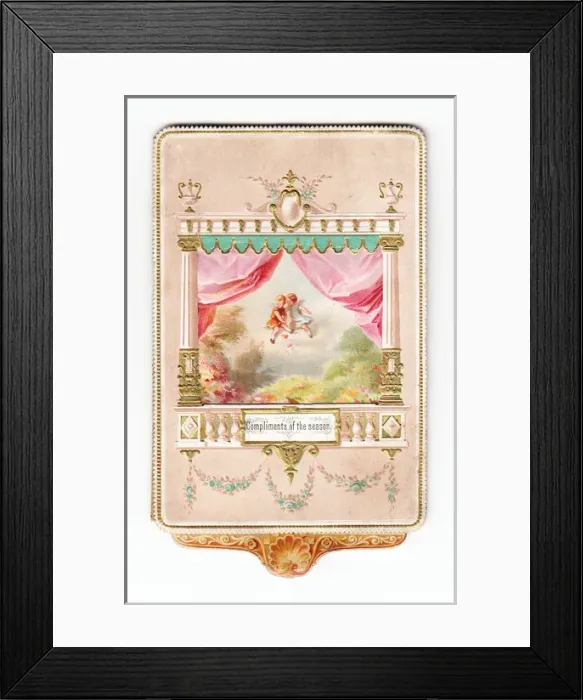 Framed Print : Cupids in stage setting on a Christmas card Framed Print : Cupids in stage setting on a Christmas card
