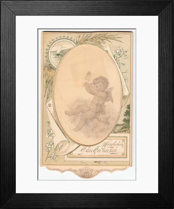 Framed Print : Cupid with letter on a German greetings card Framed Print : Cupid with letter on a German greetings card