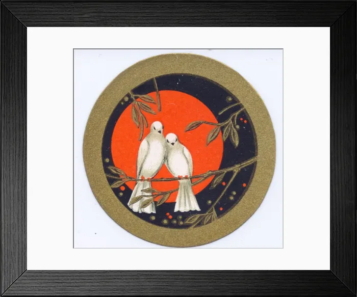 Framed Print : Perfume label, two doves on a branch Framed Print : Perfume label, two doves on a branch