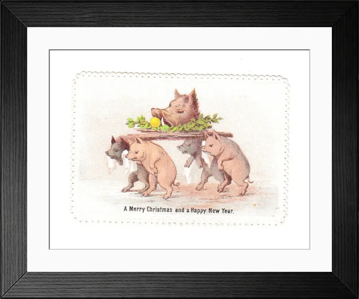 Framed Print : Pigs with boars head on a Christmas card Framed Print : Pigs with boars head on a Christmas card