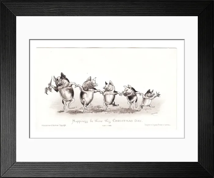 Framed Print : Five dancing pigs on a Christmas card Framed Print : Five dancing pigs on a Christmas card