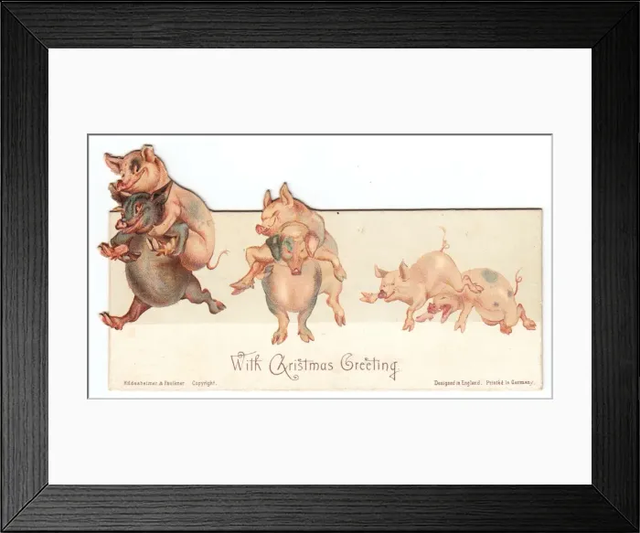 Framed Print : Six frolicking pigs on a Christmas card Framed Print : Six frolicking pigs on a Christmas card