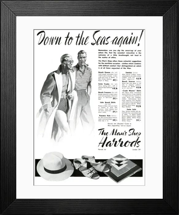 Framed Print : Harrods menswear advertisement - holiday and cruise wear Framed Print : Harrods menswear advertisement - holiday and cruise wear
