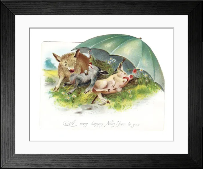 Framed Print : Three pigs resting on a New Year card Framed Print : Three pigs resting on a New Year card