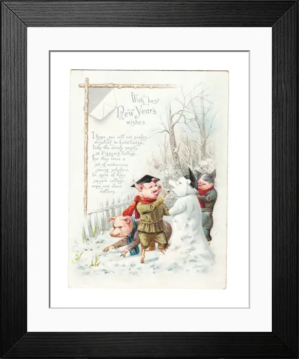 Framed Print : Three pigs building a pig snowman on a New Year card Framed Print : Three pigs building a pig snowman on a New Year card
