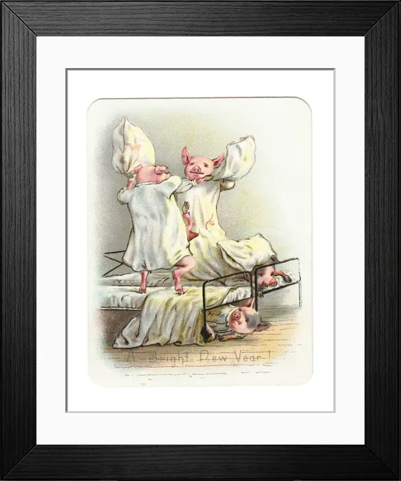 Framed Print : Four pigs pillow fighting on a New Year card Framed Print : Four pigs pillow fighting on a New Year card