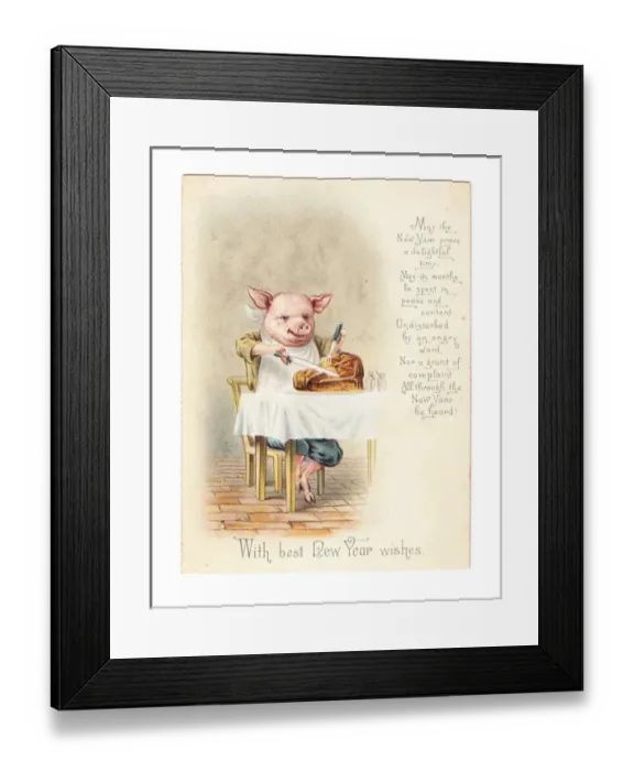 Framed Print : Pig enjoying a hearty meal on a New Year card Framed Print : Pig enjoying a hearty meal on a New Year card