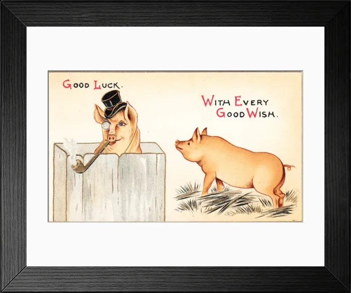 Framed Print : Two pigs on a Good Luck card Framed Print : Two pigs on a Good Luck card