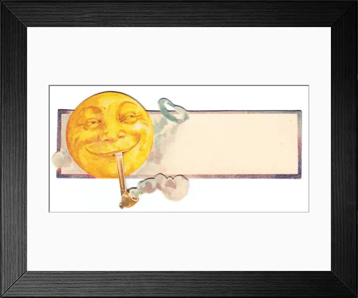 Framed Print : Sun smoking a pipe on a place card Framed Print : Sun smoking a pipe on a place card