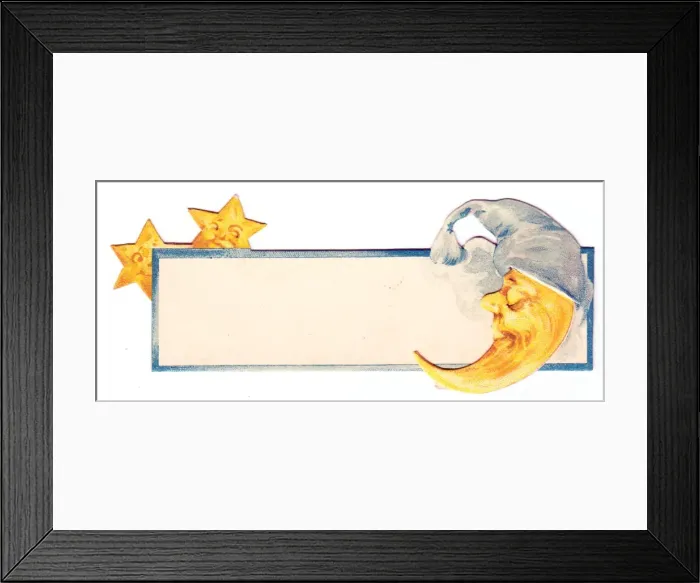 Framed Print : Sleeping crescent moon and two stars on a place card Framed Print : Sleeping crescent moon and two stars on a place card