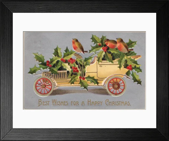 Framed Print : Yellow car with robins and holly on a Christmas postcard Framed Print : Yellow car with robins and holly on a Christmas postcard