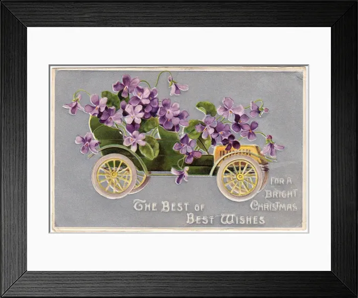 Framed Print : Green car full of flowers on a Christmas postcard Framed Print : Green car full of flowers on a Christmas postcard
