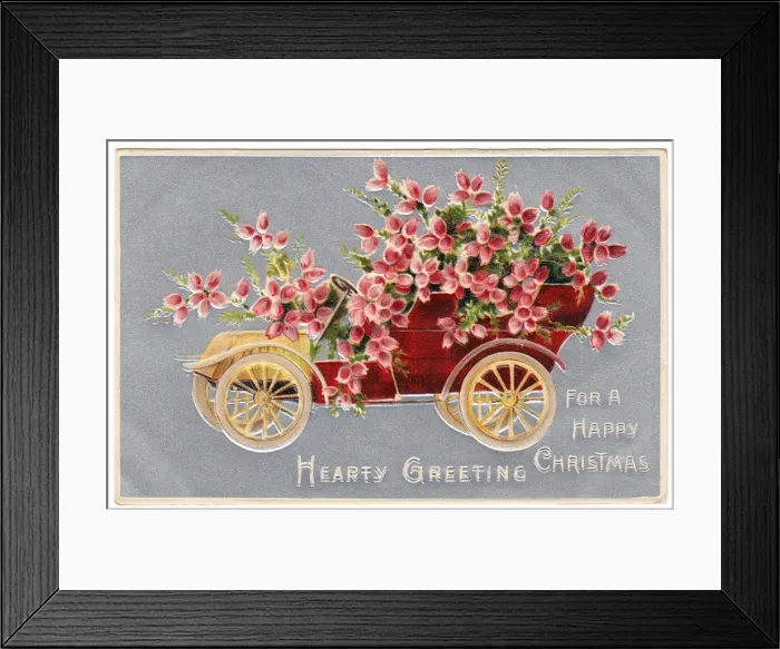 Framed Print : Red car full of flowers on a Christmas postcard Framed Print : Red car full of flowers on a Christmas postcard