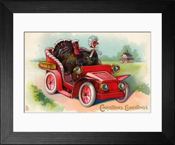Framed Print : Red car with turkey couple on a Christmas postcard Framed Print : Red car with turkey couple on a Christmas postcard