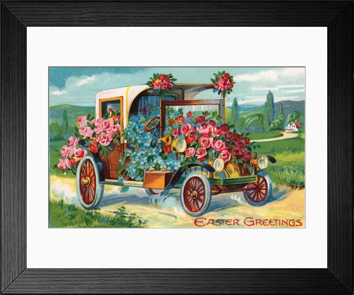 Framed Print : Car full of flowers on an Easter postcard Framed Print : Car full of flowers on an Easter postcard