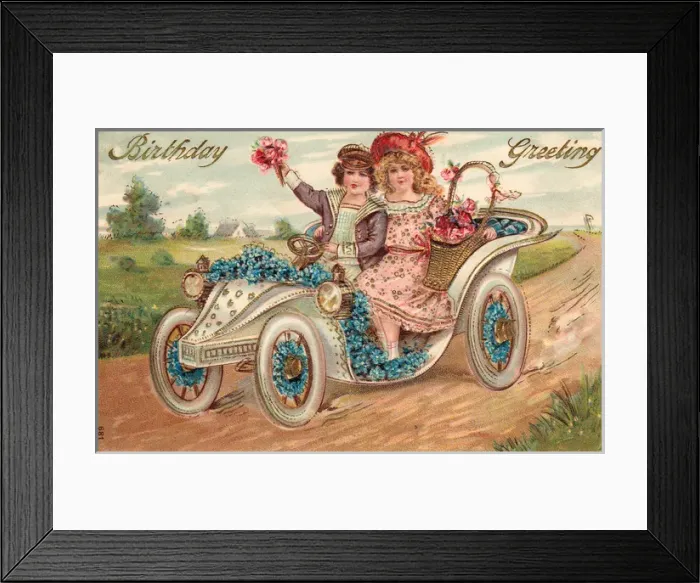 Framed Print : Couple in a car on a birthday postcard Framed Print : Couple in a car on a birthday postcard