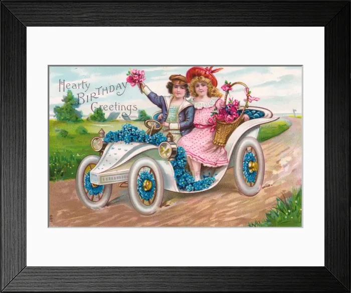 Framed Print : Couple in a car on a birthday postcard Framed Print : Couple in a car on a birthday postcard