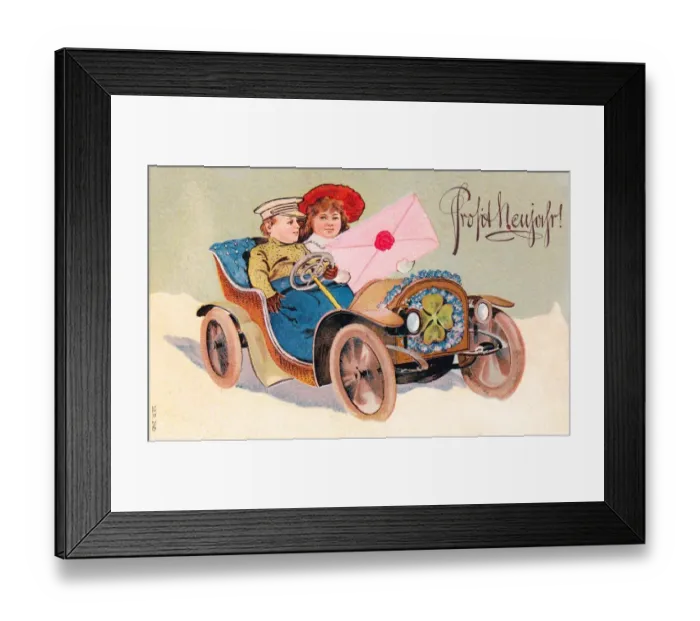 Framed Print : Couple in a car on a German New Year postcard Framed Print : Couple in a car on a German New Year postcard