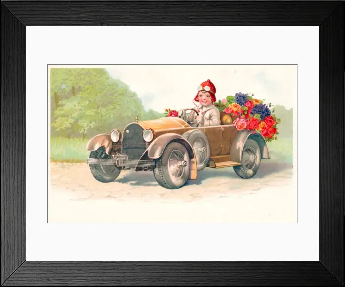 Framed Print : Little girl driving a car on a greetings postcard Framed Print : Little girl driving a car on a greetings postcard