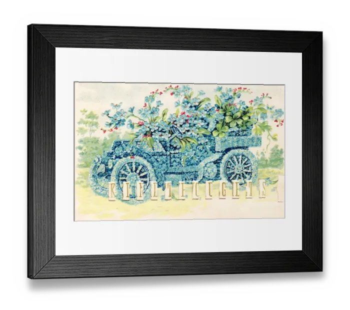 Framed Print : Car full of blue flowers on a greetings postcard Framed Print : Car full of blue flowers on a greetings postcard