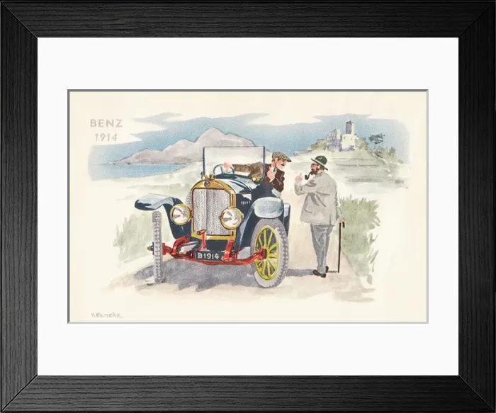 Framed Print : Benz car on a postcard Framed Print : Benz car on a postcard