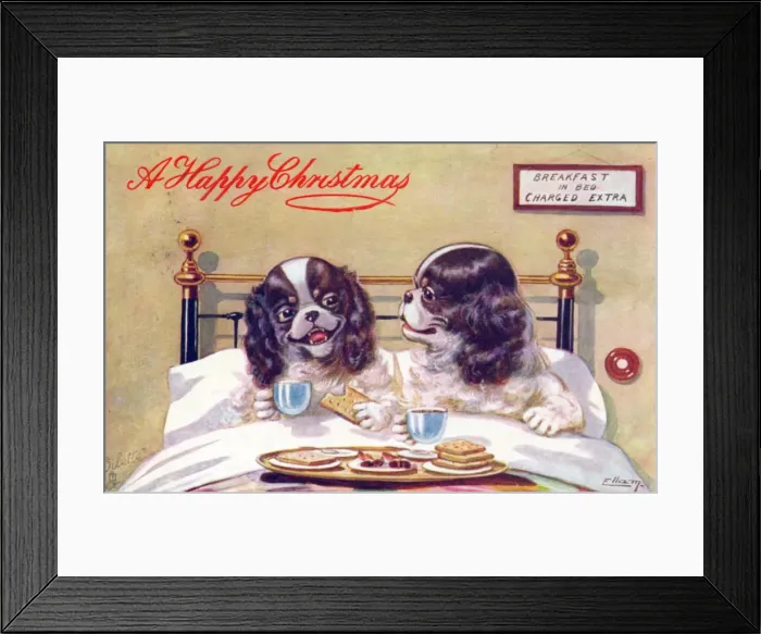 Framed Print : Two dogs in bed on a Christmas postcard Framed Print : Two dogs in bed on a Christmas postcard