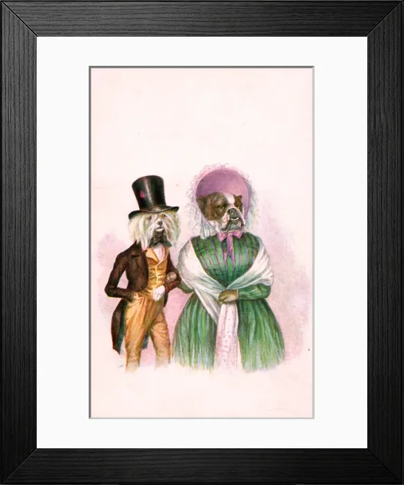 Framed Print : Bulldog and terrier in human dress on a greetings postcard Framed Print : Bulldog and terrier in human dress on a greetings postcard