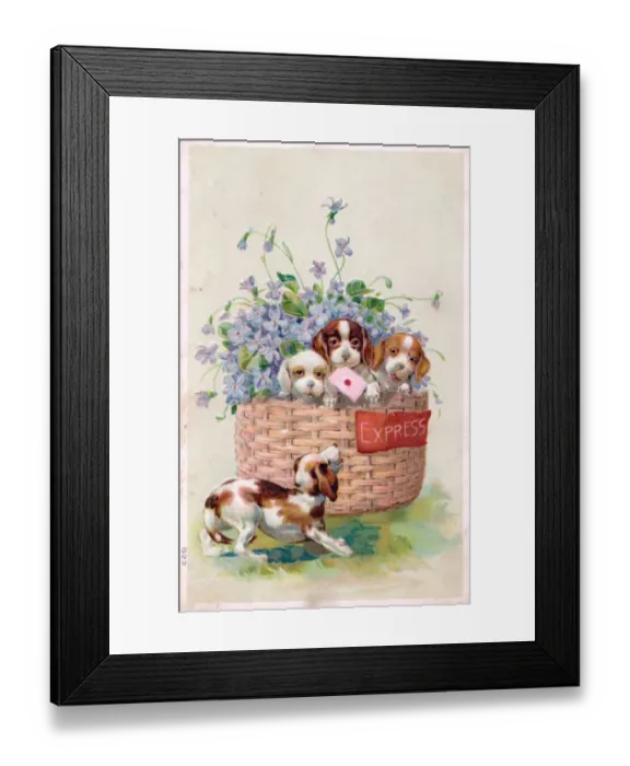 Framed Print : Four dogs with flowers on a greetings postcard Framed Print : Four dogs with flowers on a greetings postcard