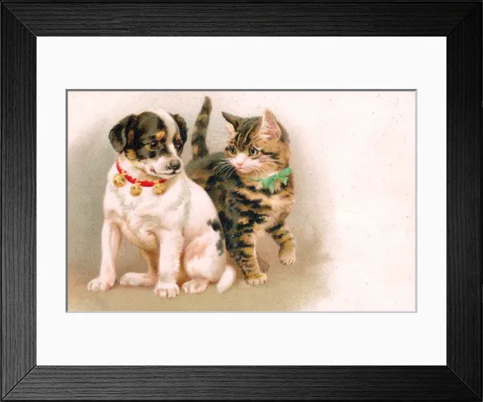 Framed Print : Cute puppy and kitten on a greetings postcard Framed Print : Cute puppy and kitten on a greetings postcard