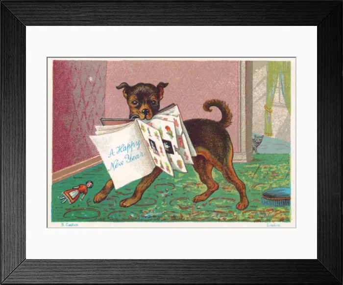 Framed Print : Dog with a book in its mouth on a New Year postcard Framed Print : Dog with a book in its mouth on a New Year postcard