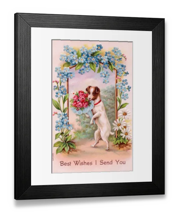Framed Print : Dog with flowers on a greetings postcard Framed Print : Dog with flowers on a greetings postcard