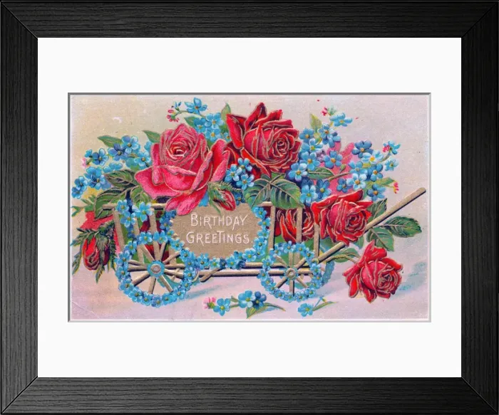 Framed Print : Wooden cart full of flowers on a birthday postcard Framed Print : Wooden cart full of flowers on a birthday postcard