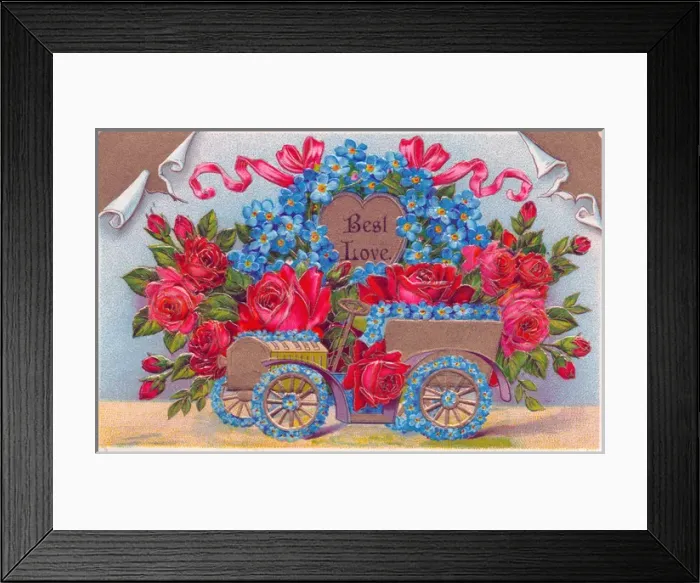 Framed Print : Car full of red and blue flowers on a greetings postcard Framed Print : Car full of red and blue flowers on a greetings postcard