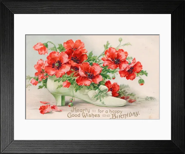 Framed Print : Red poppies in a white shoe on a birthday postcard Framed Print : Red poppies in a white shoe on a birthday postcard
