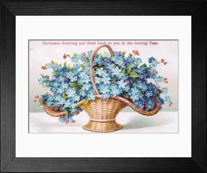 Framed Print : Blue flowers in a basket on a Christmas and New Year card Framed Print : Blue flowers in a basket on a Christmas and New Year card