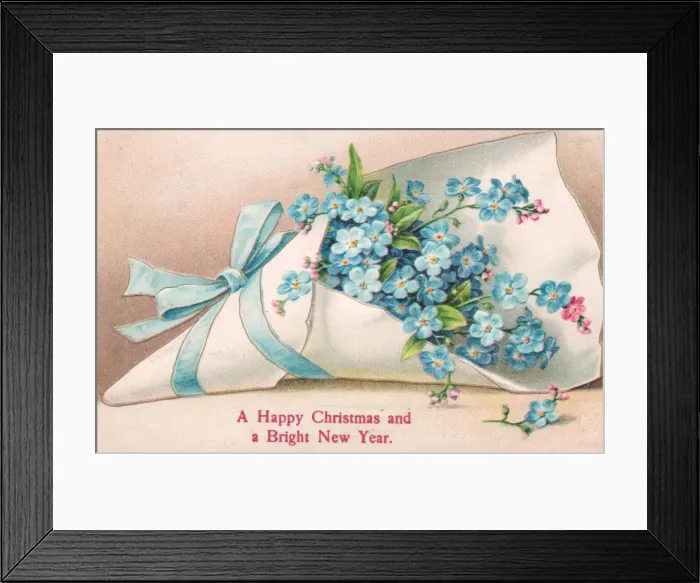 Framed Print : Blue flowers on a Christmas and New Year postcard Framed Print : Blue flowers on a Christmas and New Year postcard