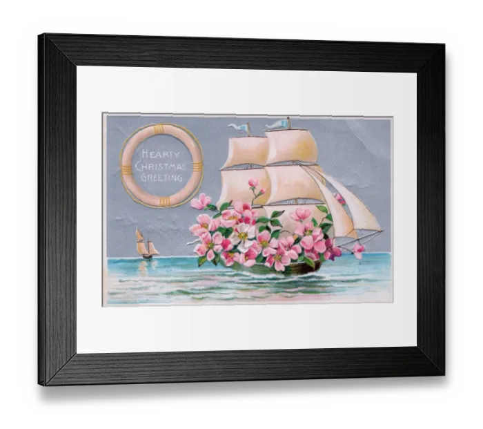 Framed Print : Pink flowers in a sailing ship on a Christmas postcard Framed Print : Pink flowers in a sailing ship on a Christmas postcard