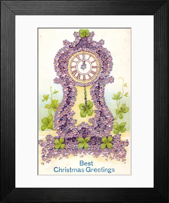 Framed Print : Mauve flowers on a clock on a Christmas postcard Framed Print : Mauve flowers on a clock on a Christmas postcard