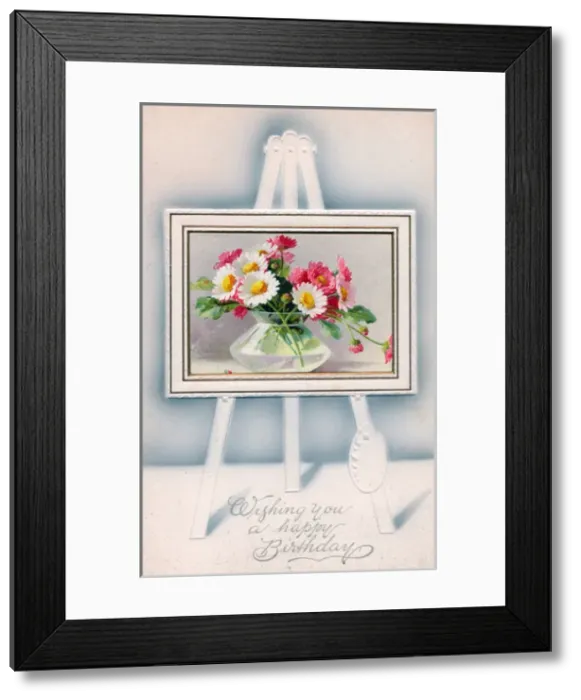 Framed Print : Flowers in a vase on an easel on a birthday postcard Framed Print : Flowers in a vase on an easel on a birthday postcard