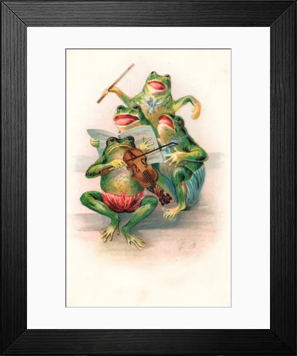 Framed Print : Four frogs playing and singing on a greetings postcard Framed Print : Four frogs playing and singing on a greetings postcard