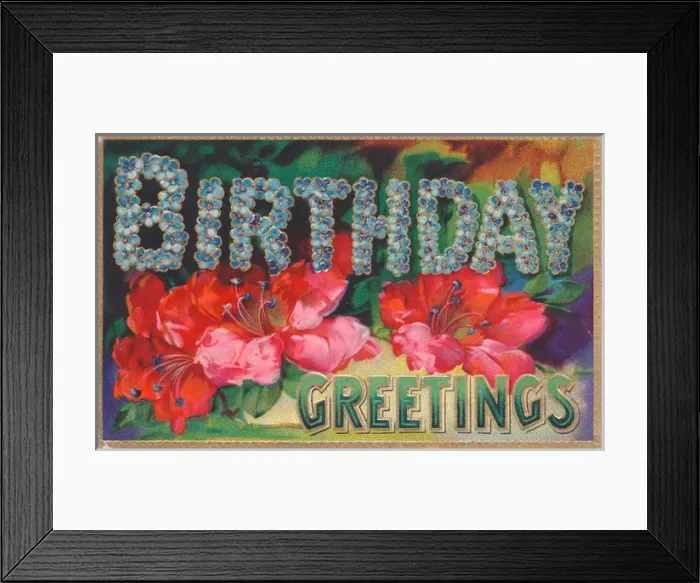 Framed Print : Red and blue flowers on a birthday postcard Framed Print : Red and blue flowers on a birthday postcard