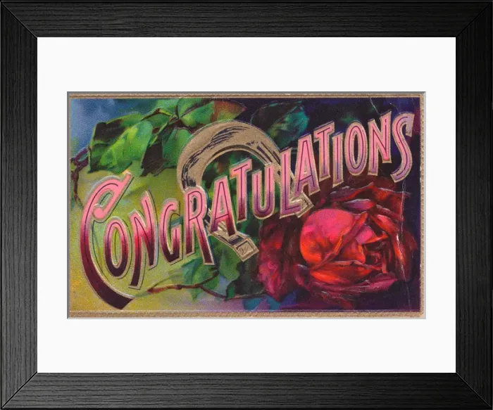 Framed Print : Red rose and horseshoe on a Congratulations postcard Framed Print : Red rose and horseshoe on a Congratulations postcard