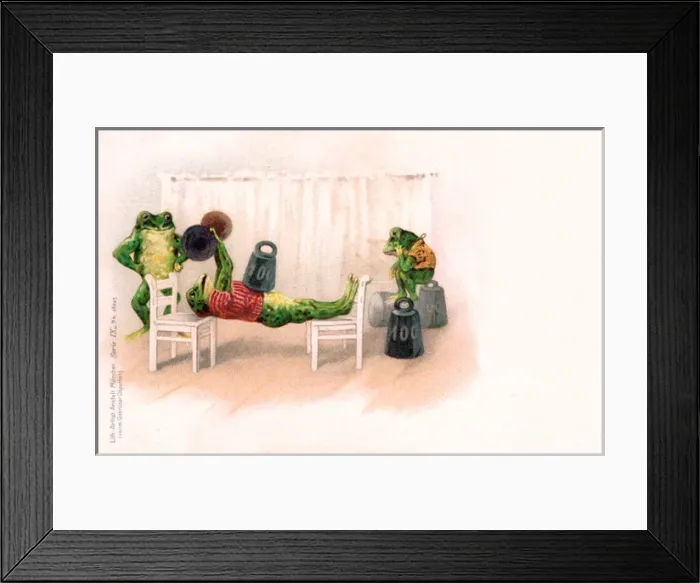 Framed Print : Three frogs weightlifting on a German postcard Framed Print : Three frogs weightlifting on a German postcard