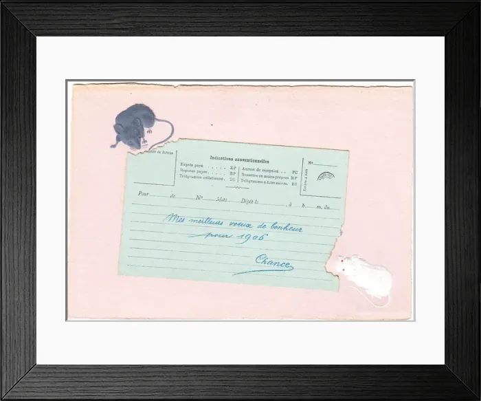 Framed Print : Two mice eating a telegram on a New Year postcard Framed Print : Two mice eating a telegram on a New Year postcard